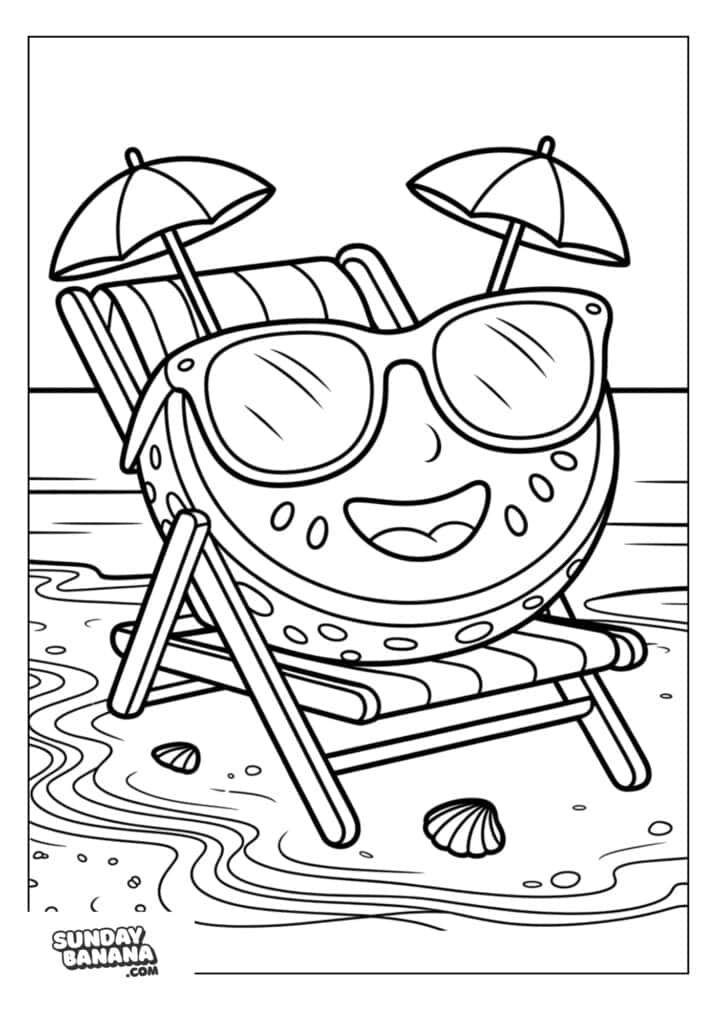 Cute watermelon slice wearing sunglasses lounging on beach chair at the beach with two small umbrellas Summer coloring page
