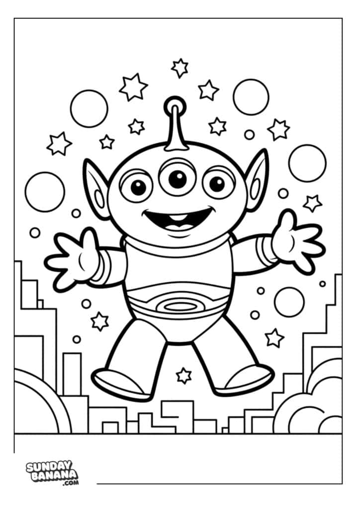 Aliens posing with open arms with city background and surrounded by stars Toy Story coloring page