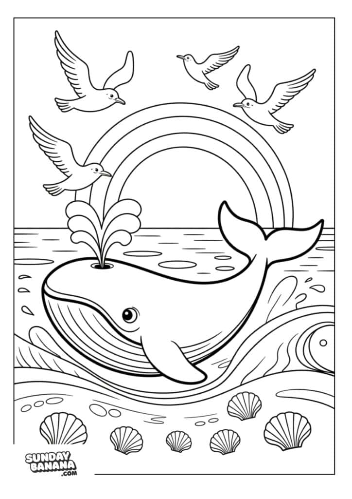 Whale spouting water seagulls overhead and rainbow background Summer coloring page