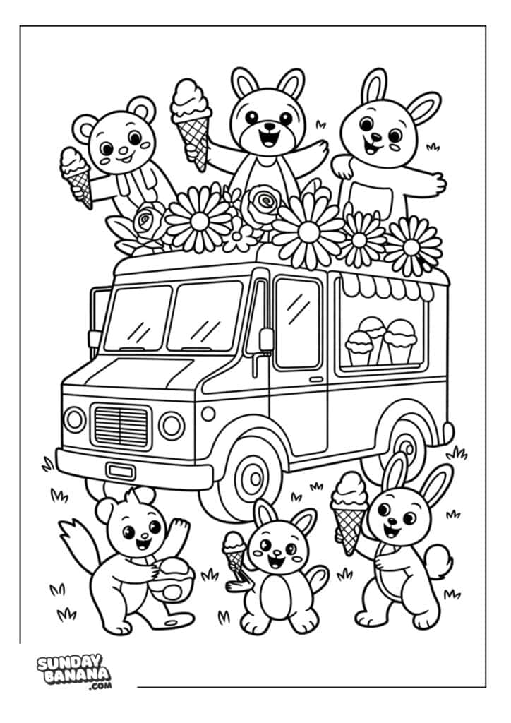 Ice cream truck with flowers on the roof and excited animals holding ice cream cone Summer coloring page