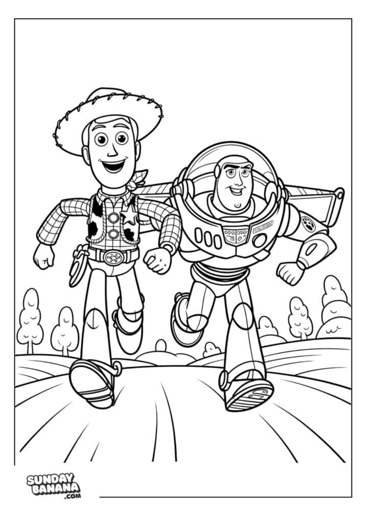 Woody and Buzz Lightyear running Toy Story coloring page