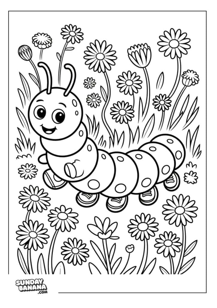 Cute caterpillar wearing tiny sneakers in flower garden Summer coloring page