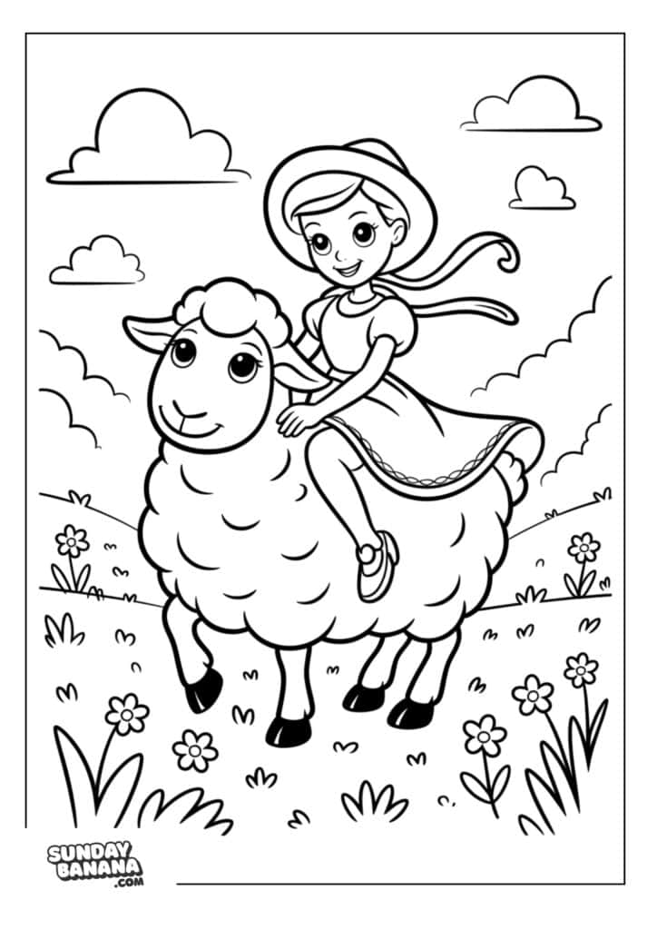 Bo Peep riding on sheep in scenic meadow Toy Story coloring page