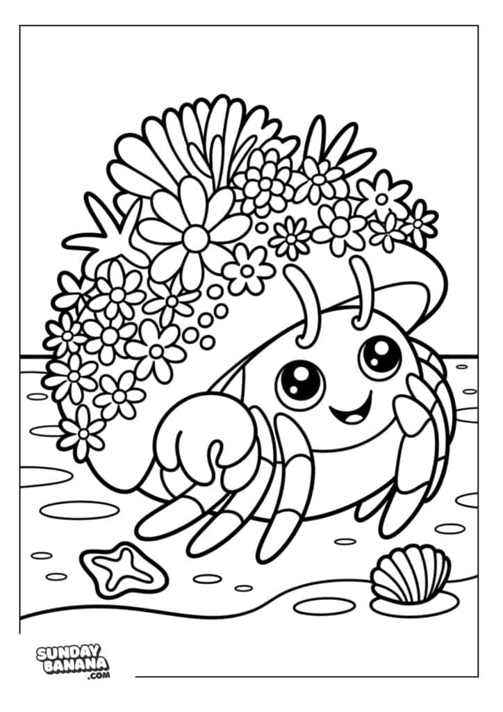 Cute hermit crab with flowers and starfish on its shell summer coloring page