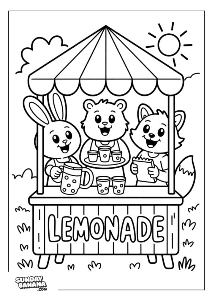Bear, fox and bunny at lemonade stand selling lemonade summer coloring page