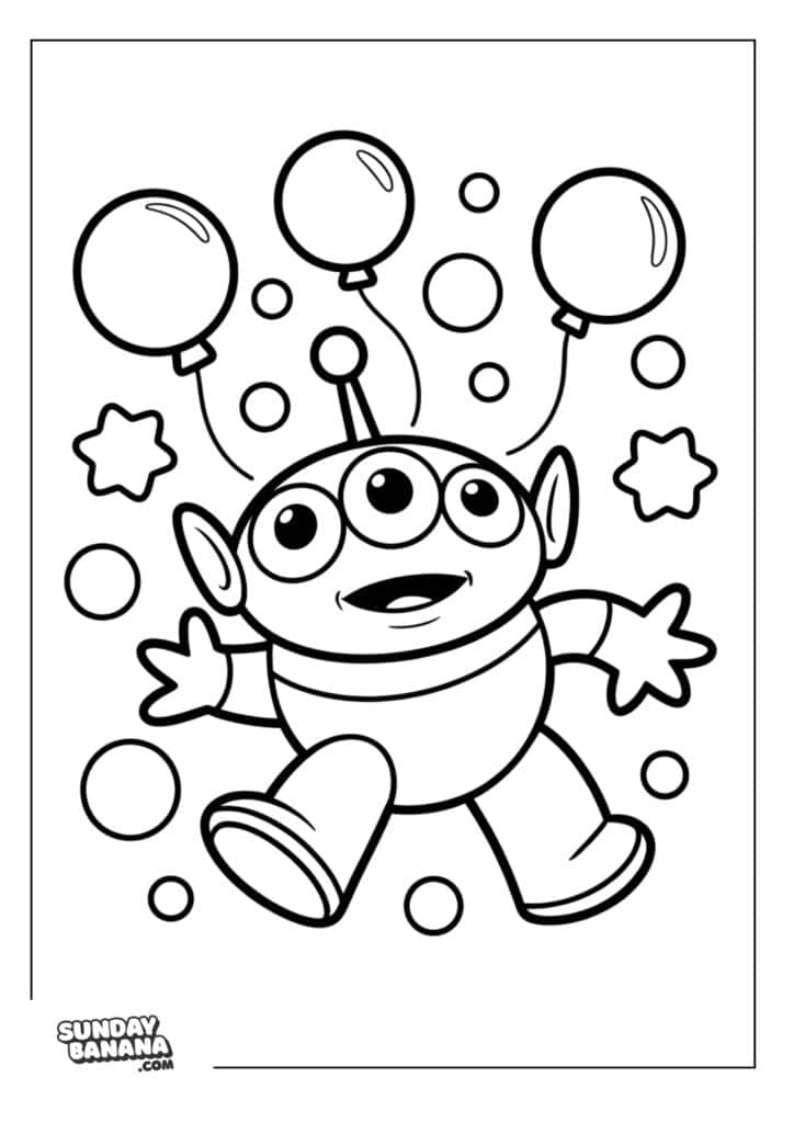 Aliens surrounded by stars and balloons Toy Story coloring page