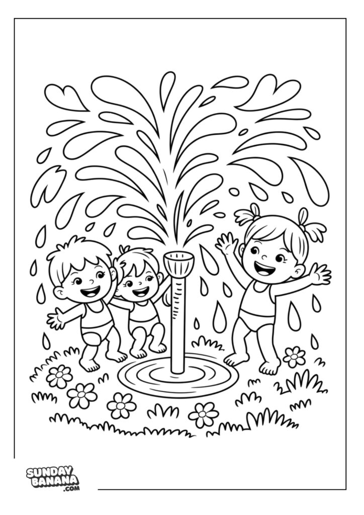 Kids playing with water sprinkler fountain summer coloring page for kids