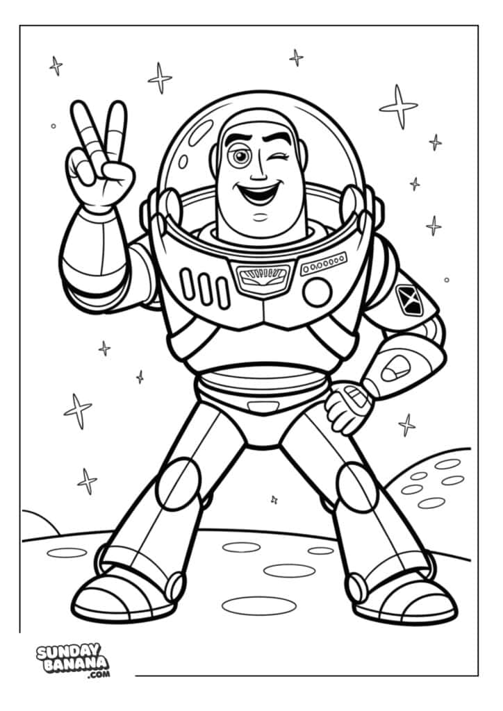 Buzz Lightyear in spacesuit winking and holding up peace sign with his fingers standing on surface of the moon Toy Story coloring page