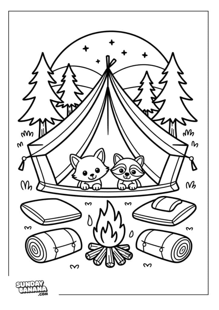 Two woodland animals camping in tent in forest summer coloring page for kids