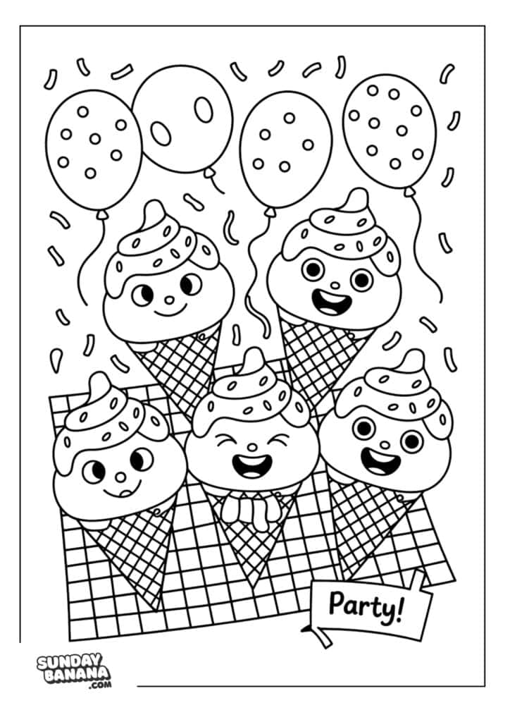 Cute kawaii ice cream cones having a party with balloons summer coloring page