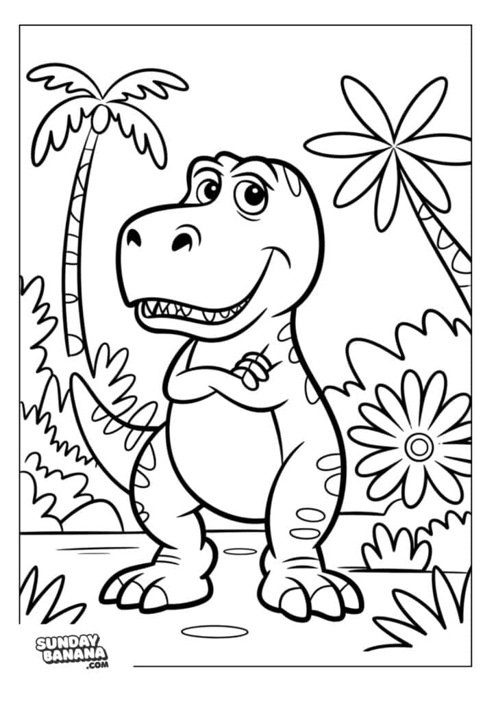 Rex smiling with folded arms in a jungle background Toy Story coloring page