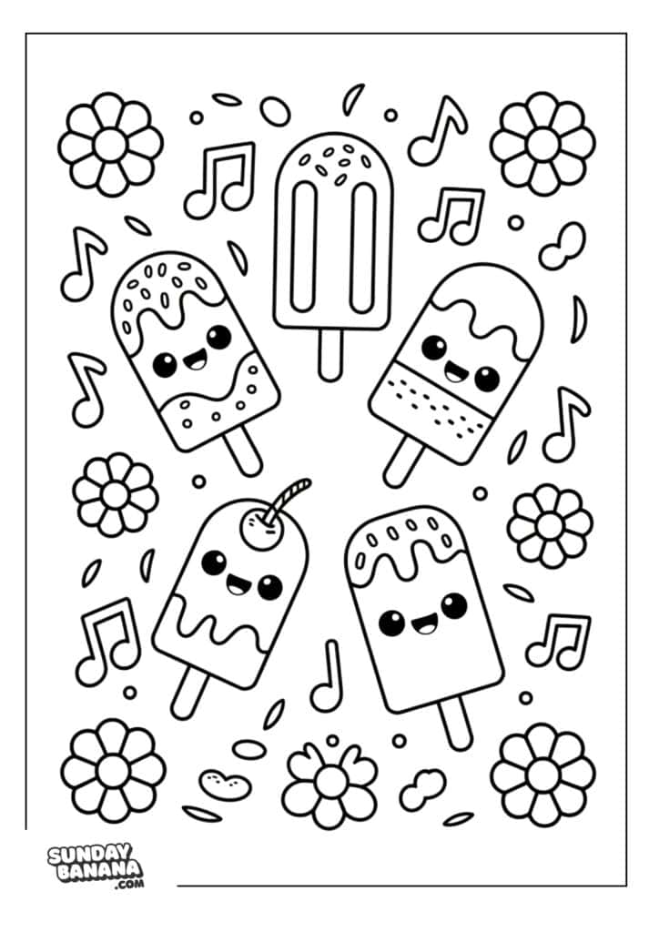 Happy Kawaii Popsicles with flowers and music notes summer coloring page
