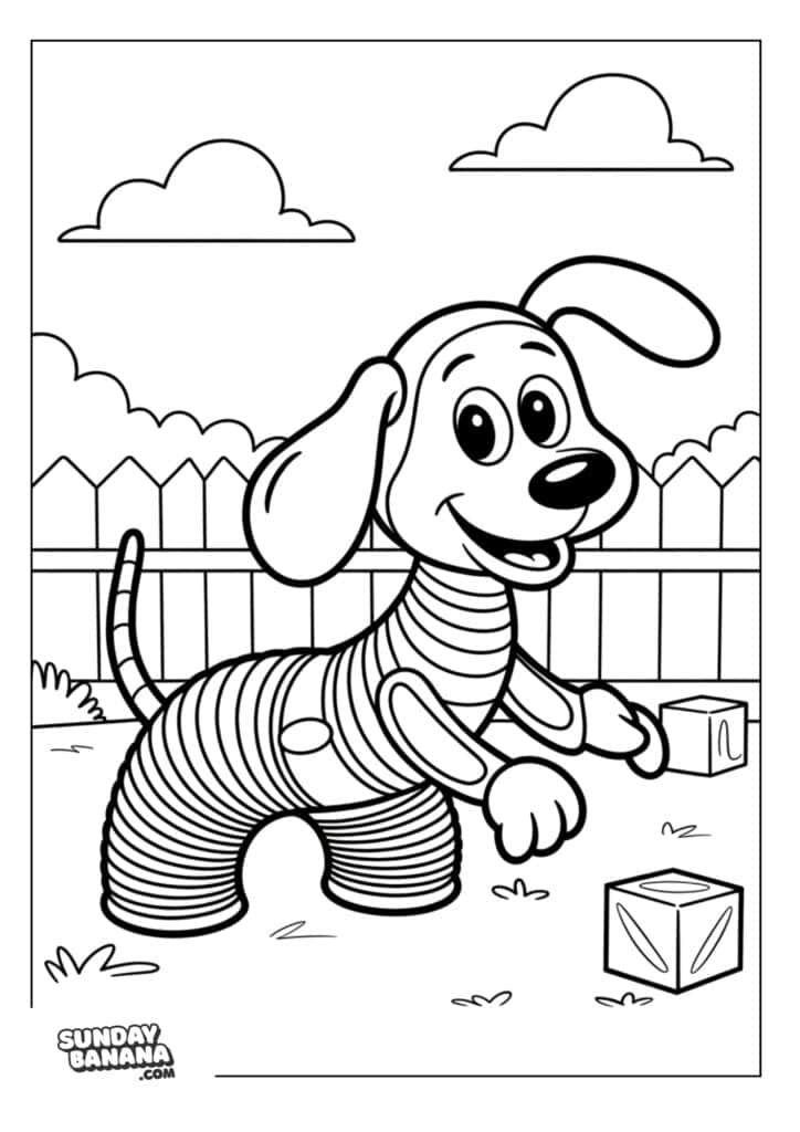 Slinky dog in fenced garden playing with blocks Toy Story coloring page