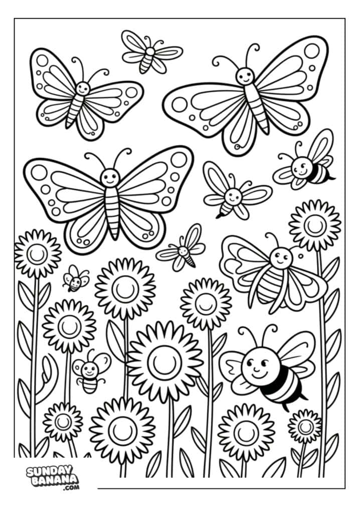 Cute Butterflies and Bees in flower garden summer coloring page