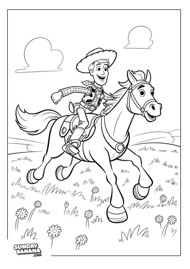 Woody riding on horse Toy Story coloring page