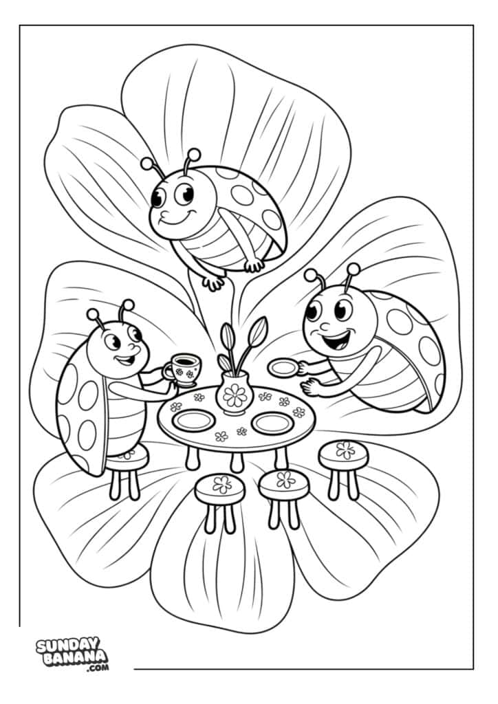 Ladybugs having a tea party in giant flower summer coloring page