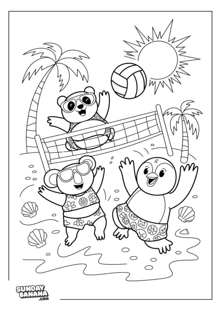 Panda, Koala and Penguin playing beach volleyball summer coloring page