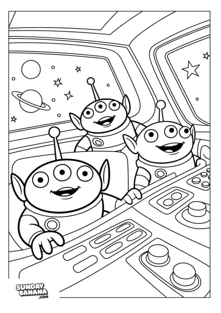 Three Aliens flying a spaceship Toy Story coloring page