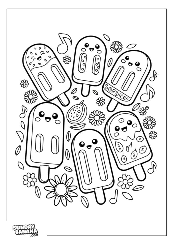 Kawaii happy popsicles surrounded by flowers and music notes summer coloring page