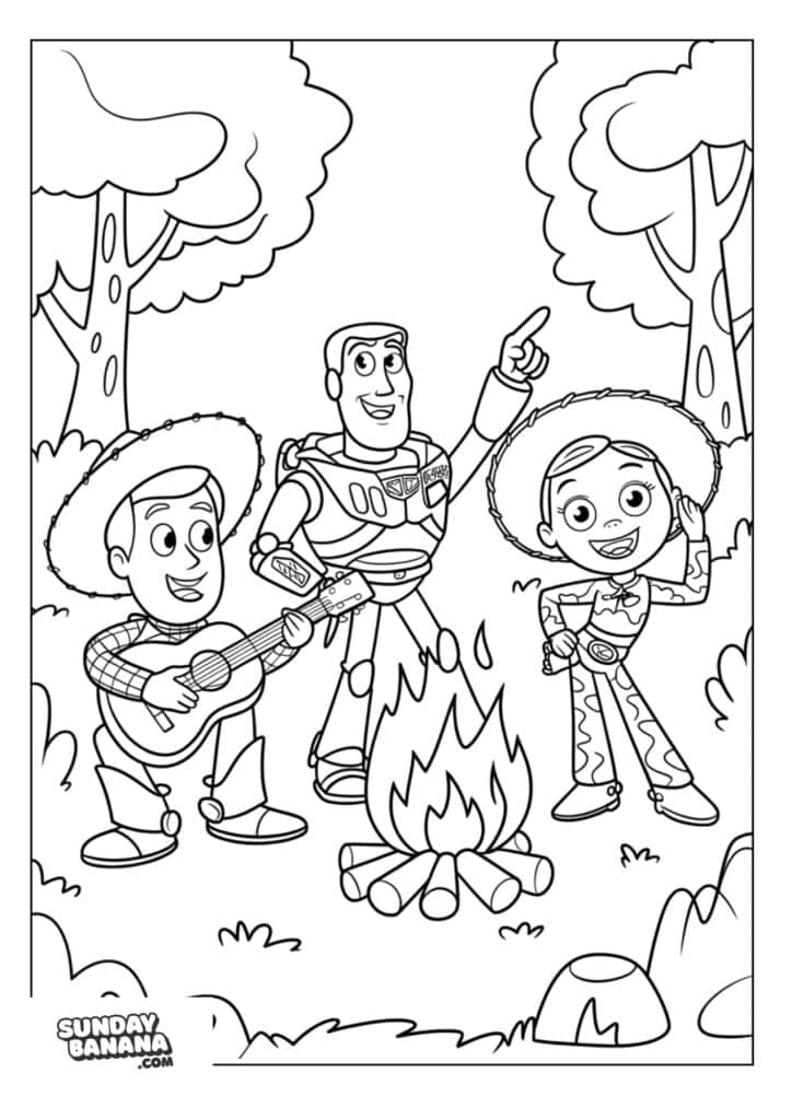 Woody playing guitar, Buzz Lightyear and Jessie dancing around campfire in the forest Toy Story coloring page
