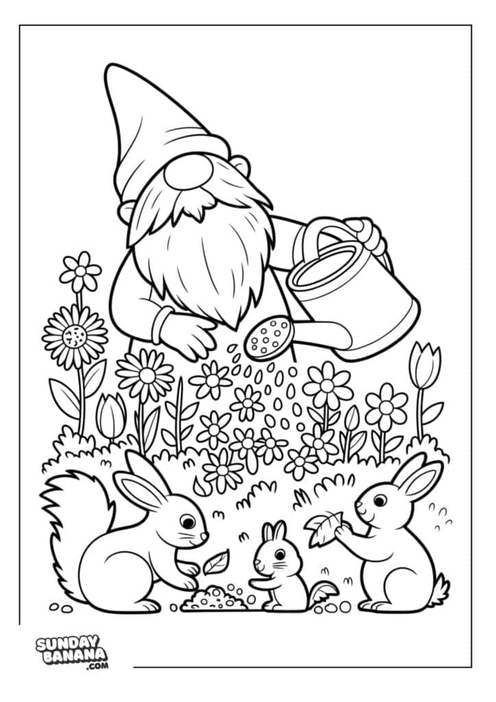 Garden Gnome holding watering can watering flowers with rabbits nearby summer coloring page