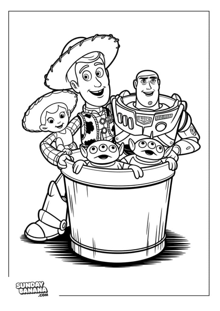 Woody, Buzz Lightyear, Jessie and Aliens in a toy bucket Toy Story coloring page