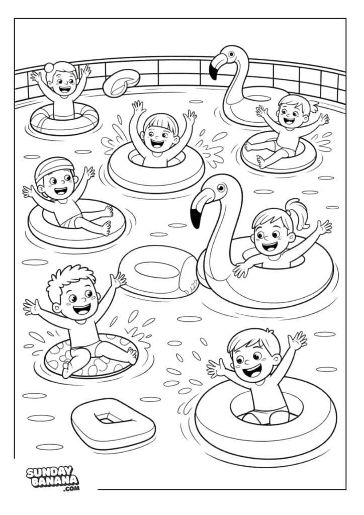 Kids on floaties playing in swimming pool summer coloring page