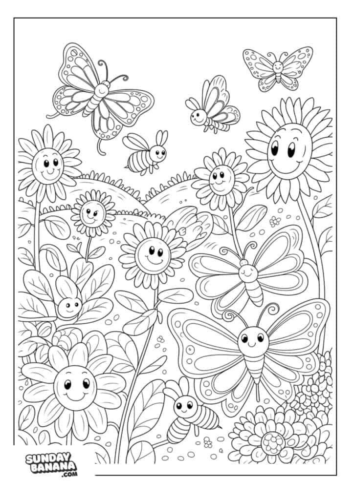 Happy sunflowers with butterflies and bees summer coloring page