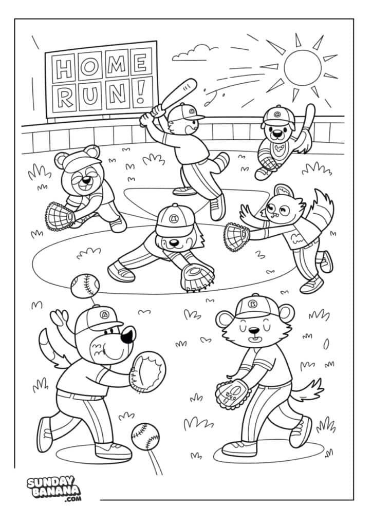Woodland Animals in quirky poses playing a game of baseball with Home Run! on the scoreboard summer coloring page