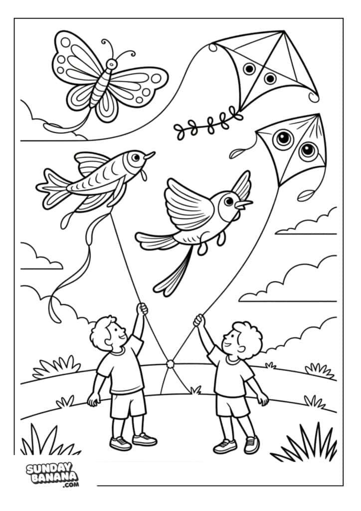 Children flying animal shaped kites summer coloring page
