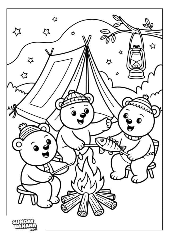 Three bears on a camping trip with tent cooking fish over campfire at night summer coloring page