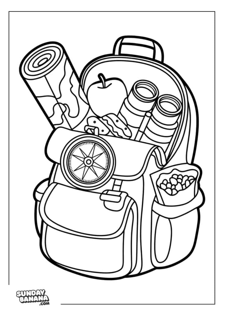 Adventure backpack loaded with map, compass, binoculars and snacks summer coloring page
