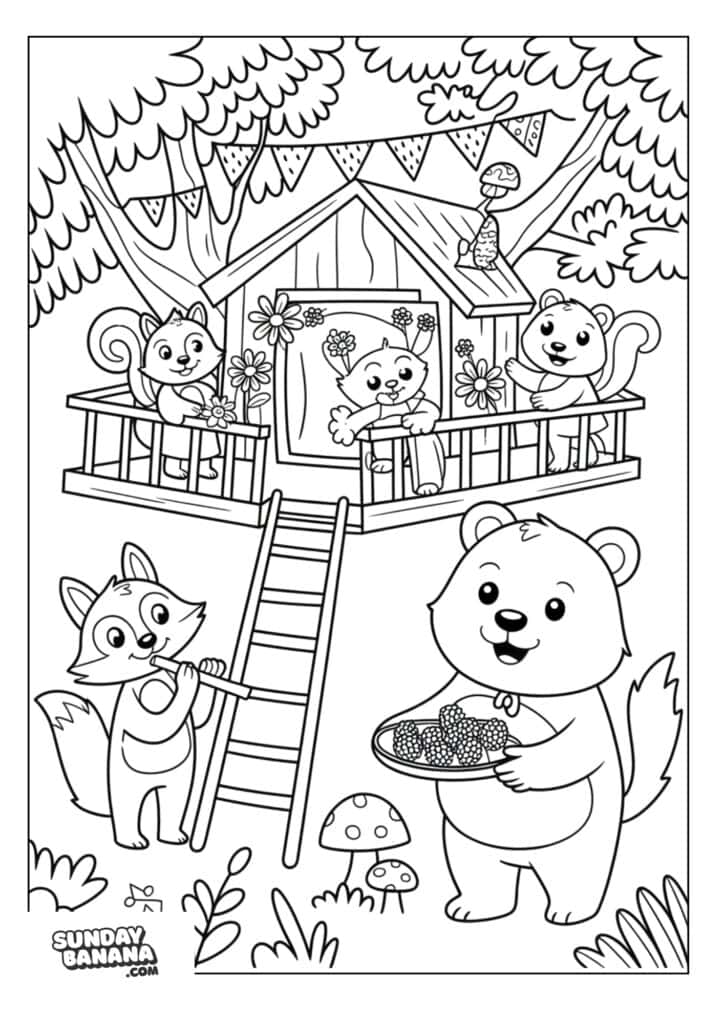Woodland animals having a treehouse party Summer coloring page