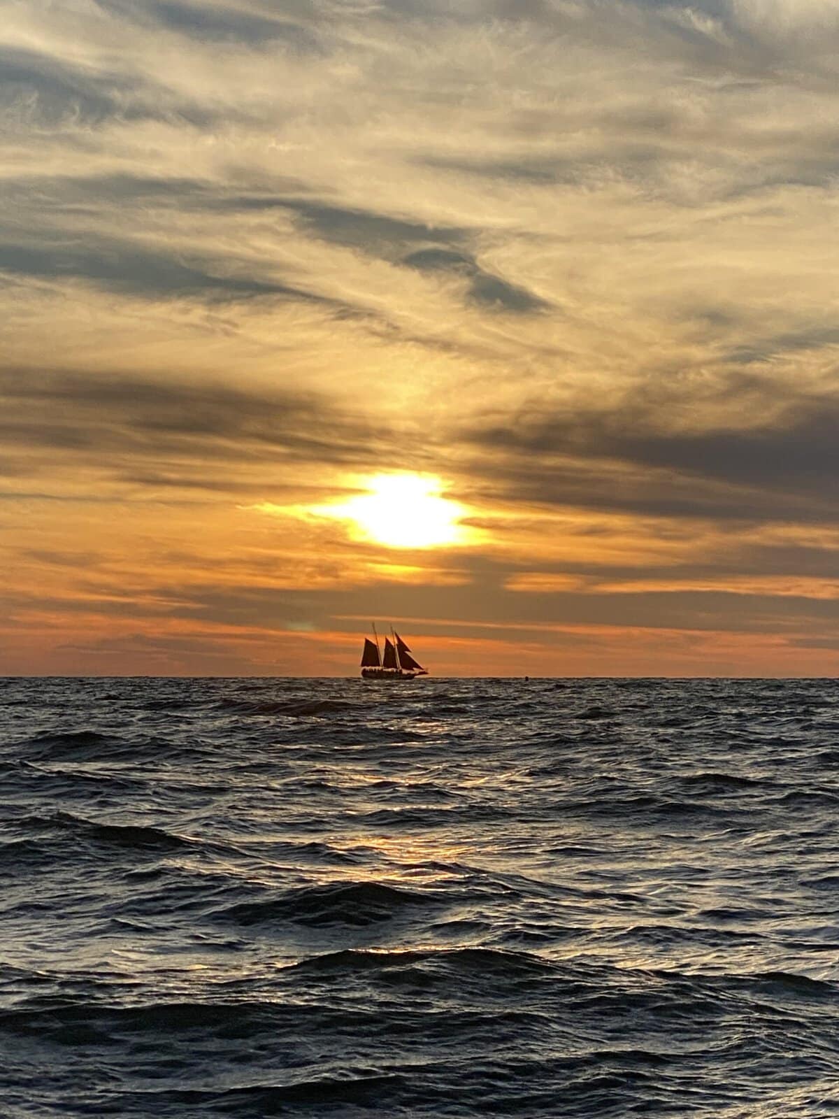 A tall ship silhouetted against a golden sunset over Tampa Bays calm waters.