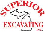 Logo with the outline of Michigan’s Upper and Lower Peninsulas in white. Superior Excavating Auburn Hills MI is arched above and EXCAVATING INC. is below, all in bold red letters. Light gray background.