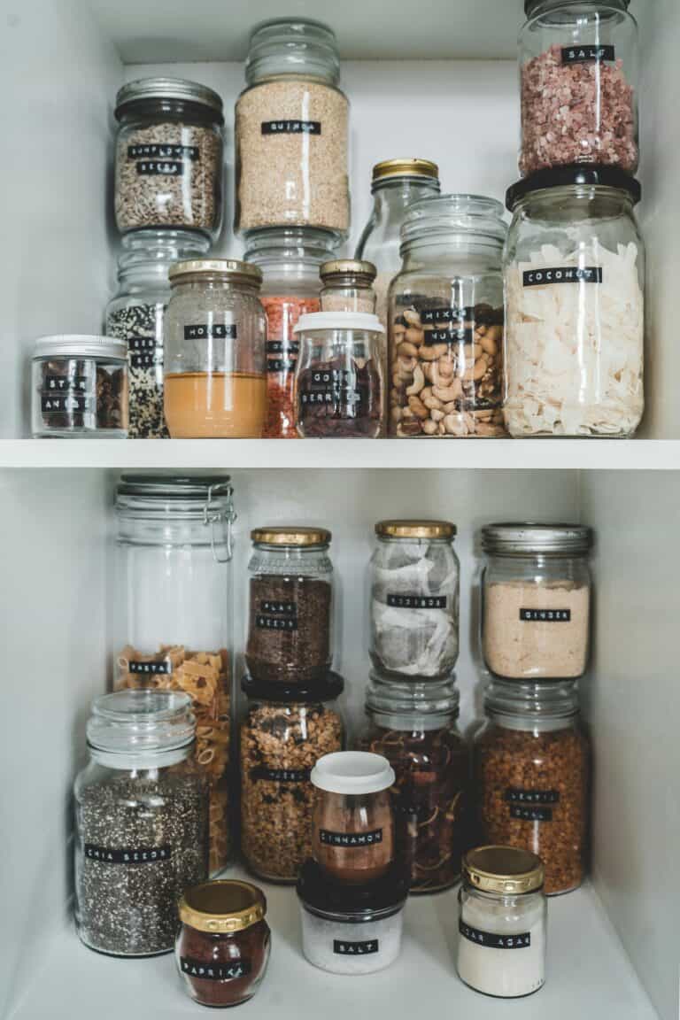 organized pantry with glass jars