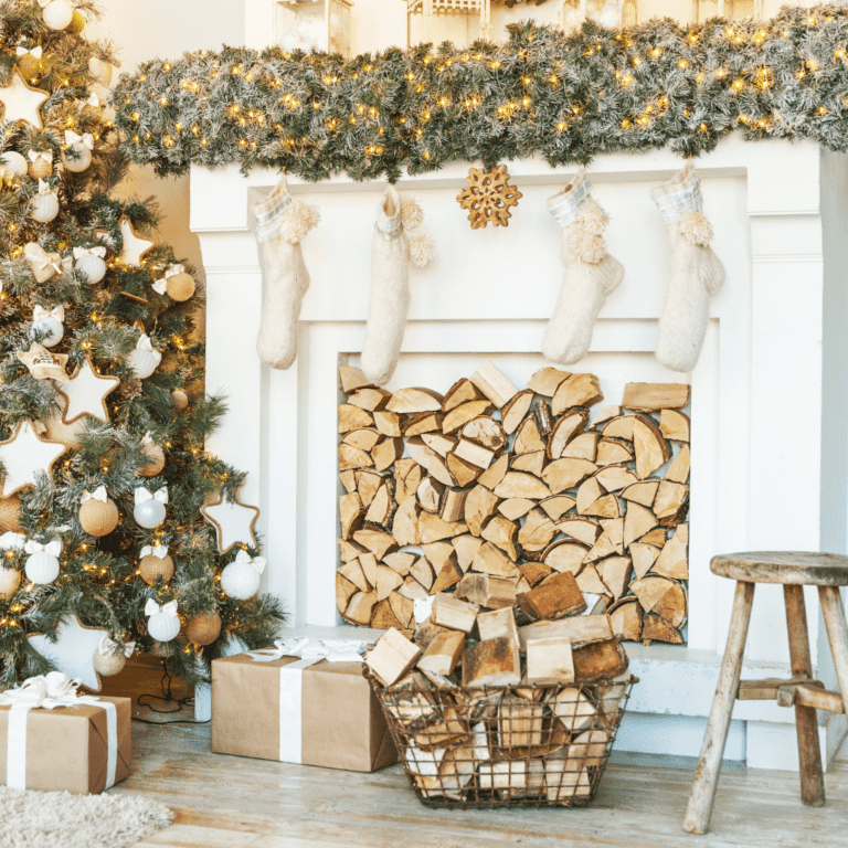 eco friendly Christmas decorations including stockings, christmas trees and fire place