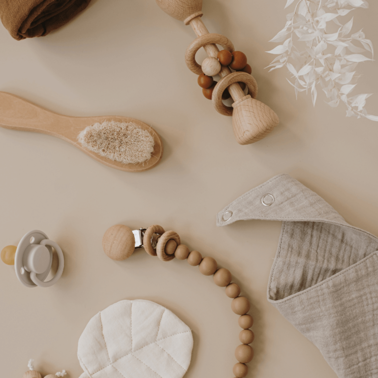 a collection of eco friendly baby products made of silicone and wood