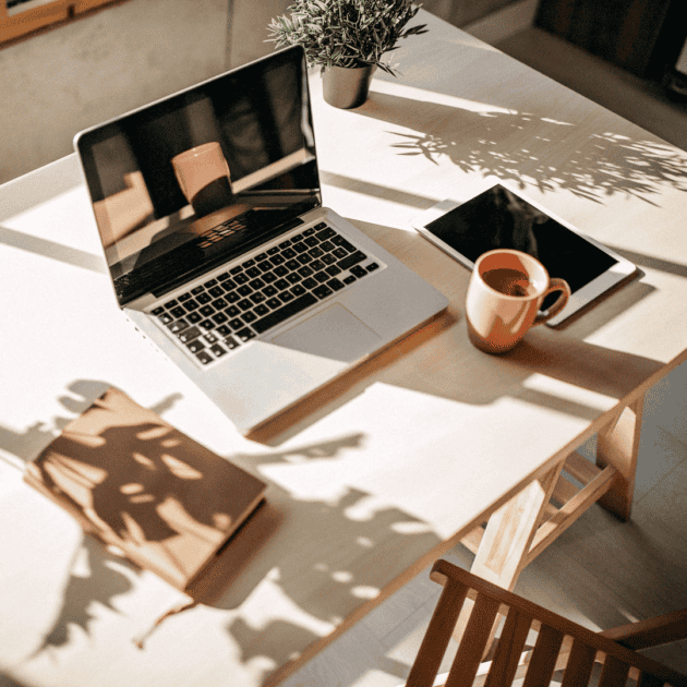 a simple dorm aesthetic with a laptop, ipad, chair and mug on a desk