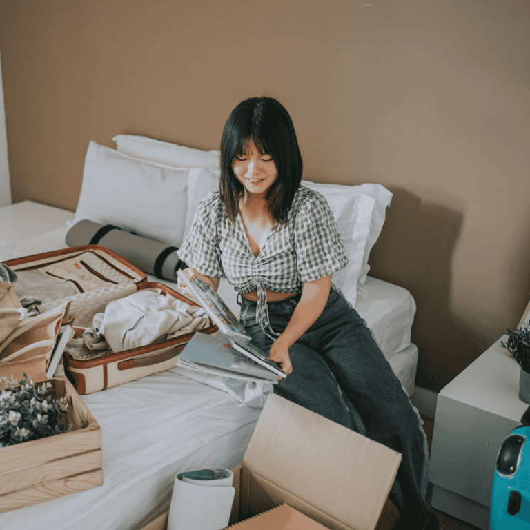 a college student unpacking her dorm essentials