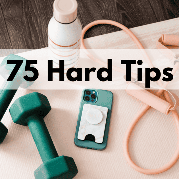 weights, a waterbottle, phone, yoga mat and jump rope to complete the 75 hard challenge