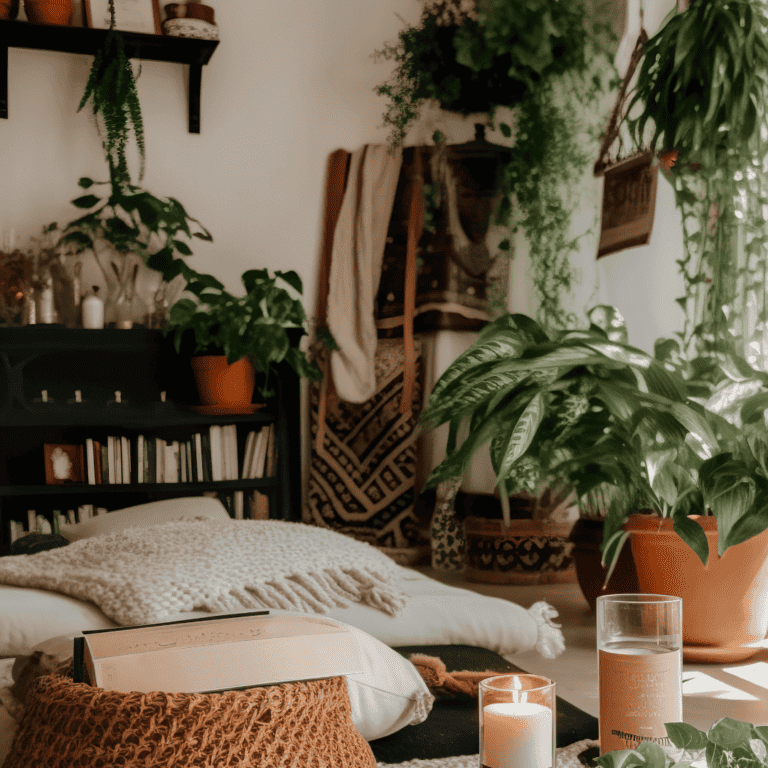 a cozy home library that is organized with plants and bookshelves