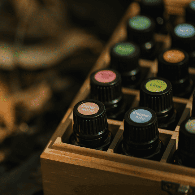 a wooden box to show natural oil labels