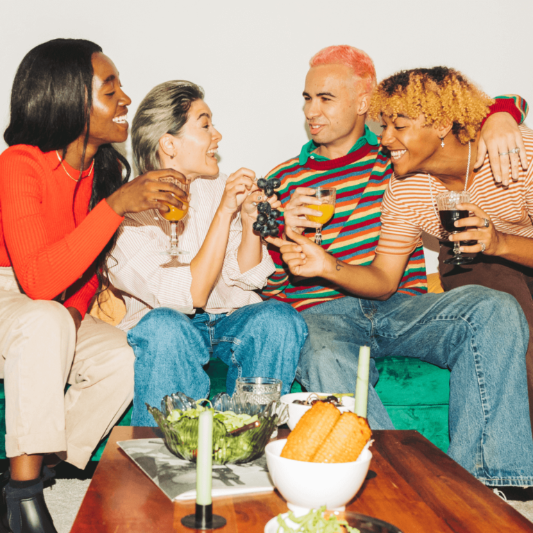 a group of couples eating vegan and non vegan food