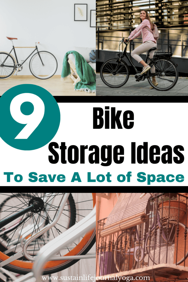 different photos of bicycles in a city, suburban area and apartment