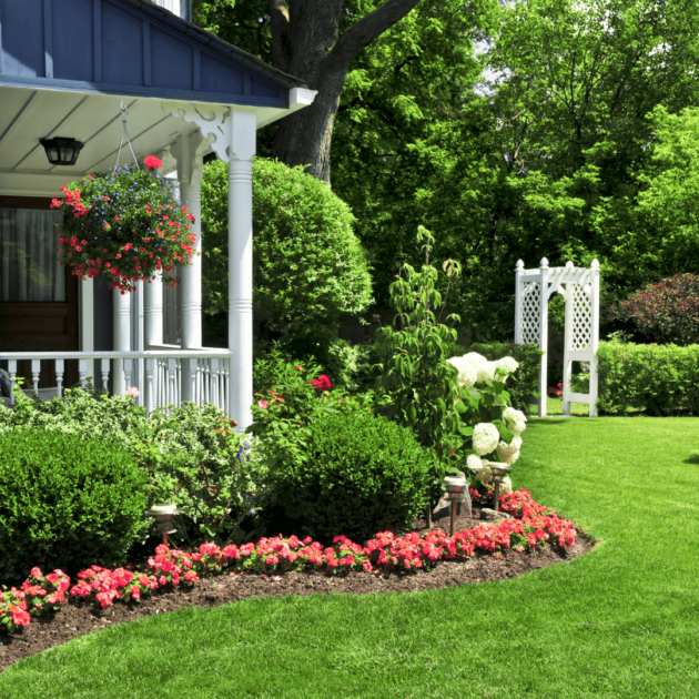 a porch with potted flowers