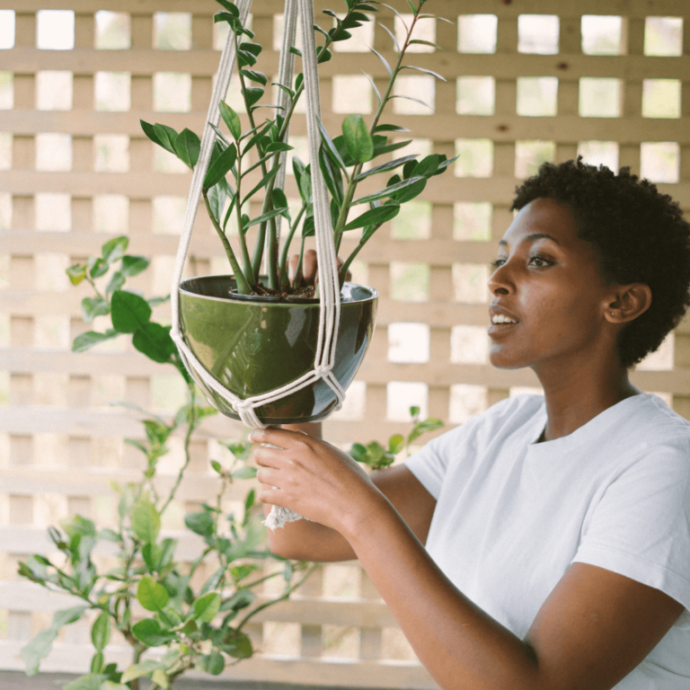 a woman decorating with a hanging plant