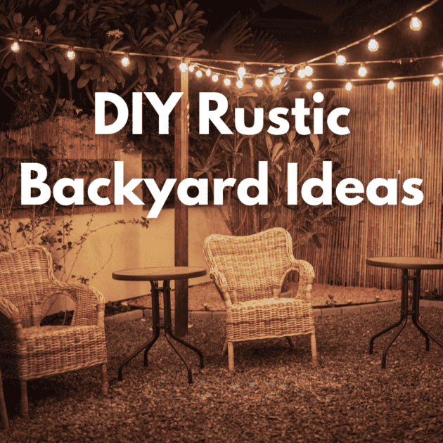 a rustic backyard with outdoor string lights