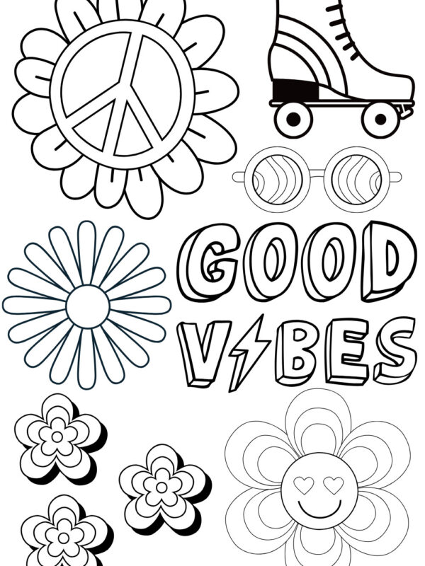 retro coloring page with flowers, peace signs, retro glasses, and roller skates