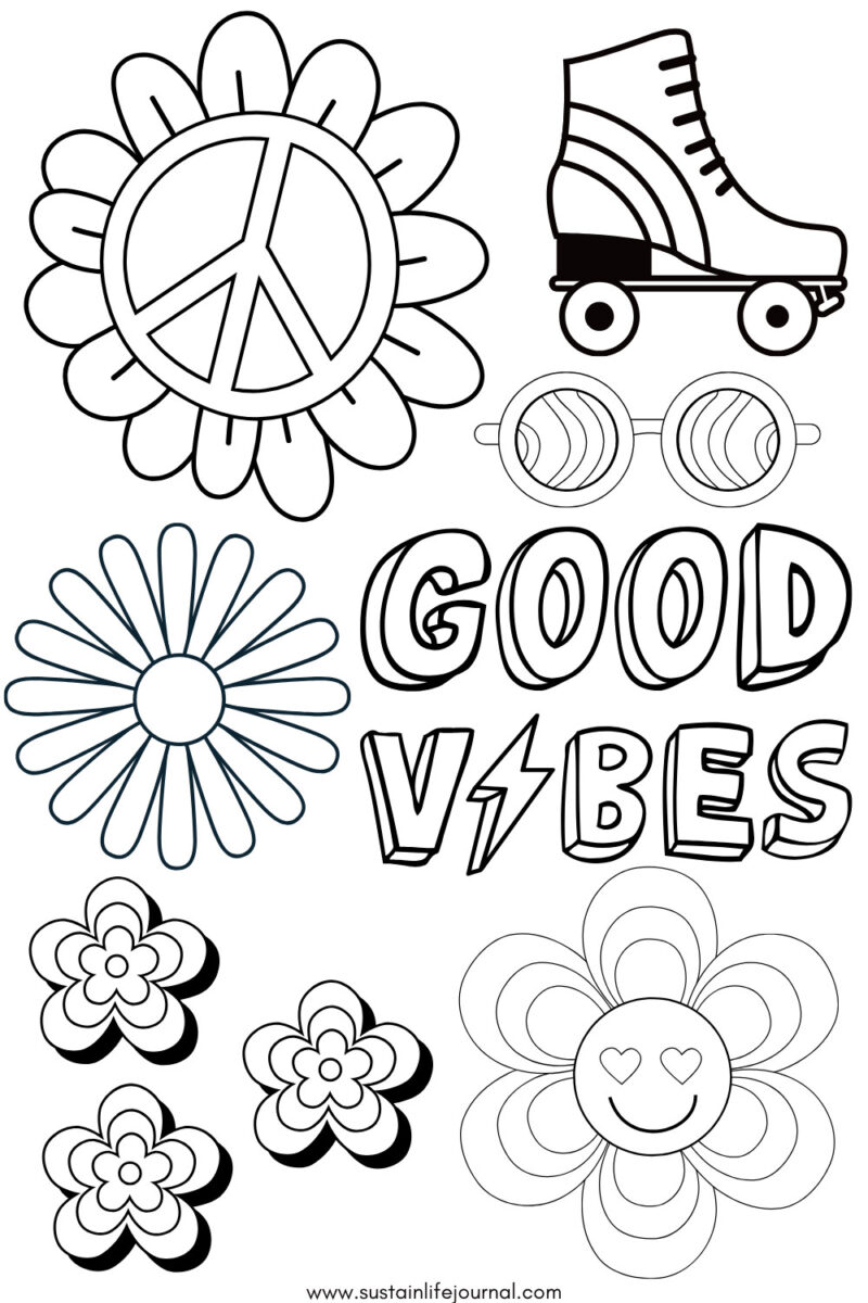 retro coloring page with flowers, peace signs, retro glasses, and roller skates